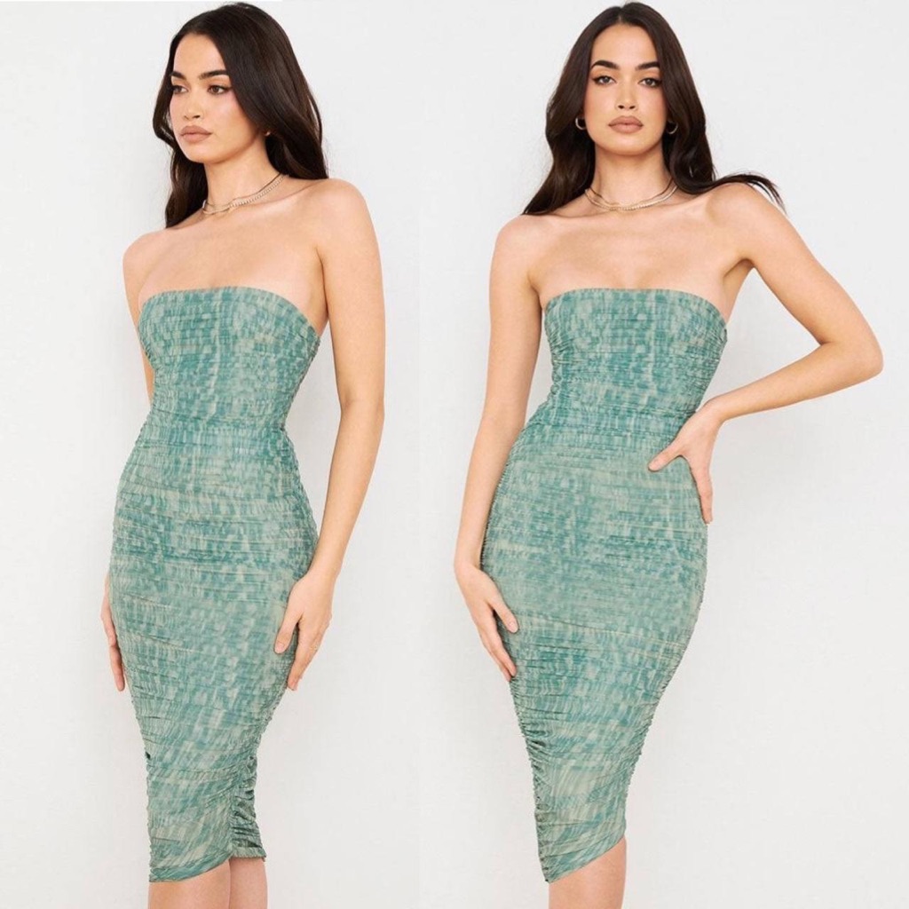 House Of Cb Strapless Ruched Midi Dress Green (Worn Once)